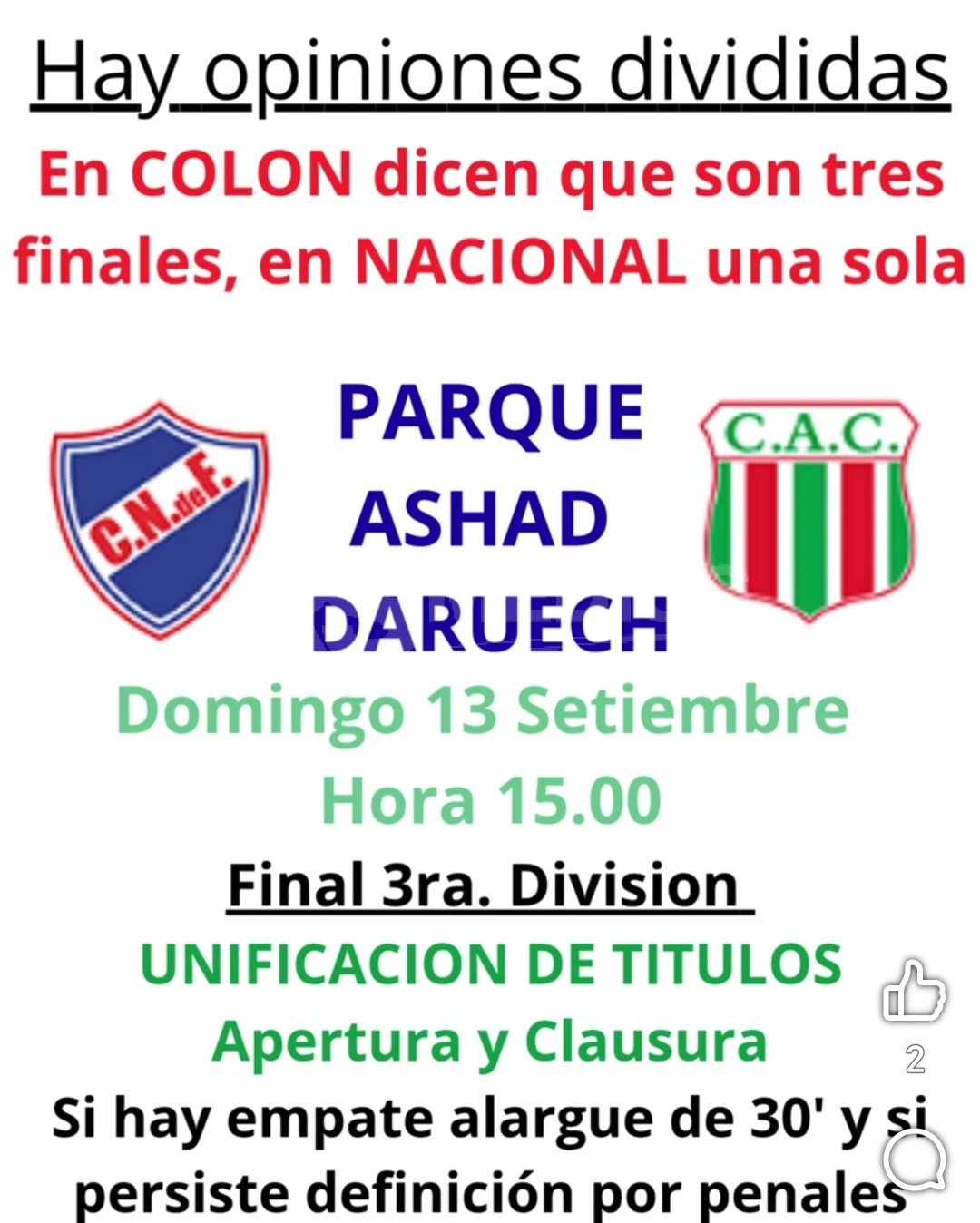 FINAL UNIFICACION DE TITULOS TERCERA DIVISION este domingo 13, hora 15.