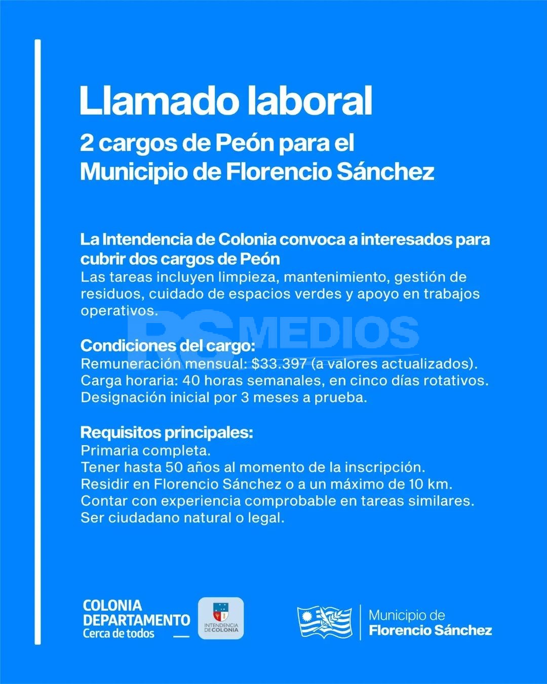 La Intendencia de Colonia abre dos cargos de peón para Florencio Sánchez — imagen 2