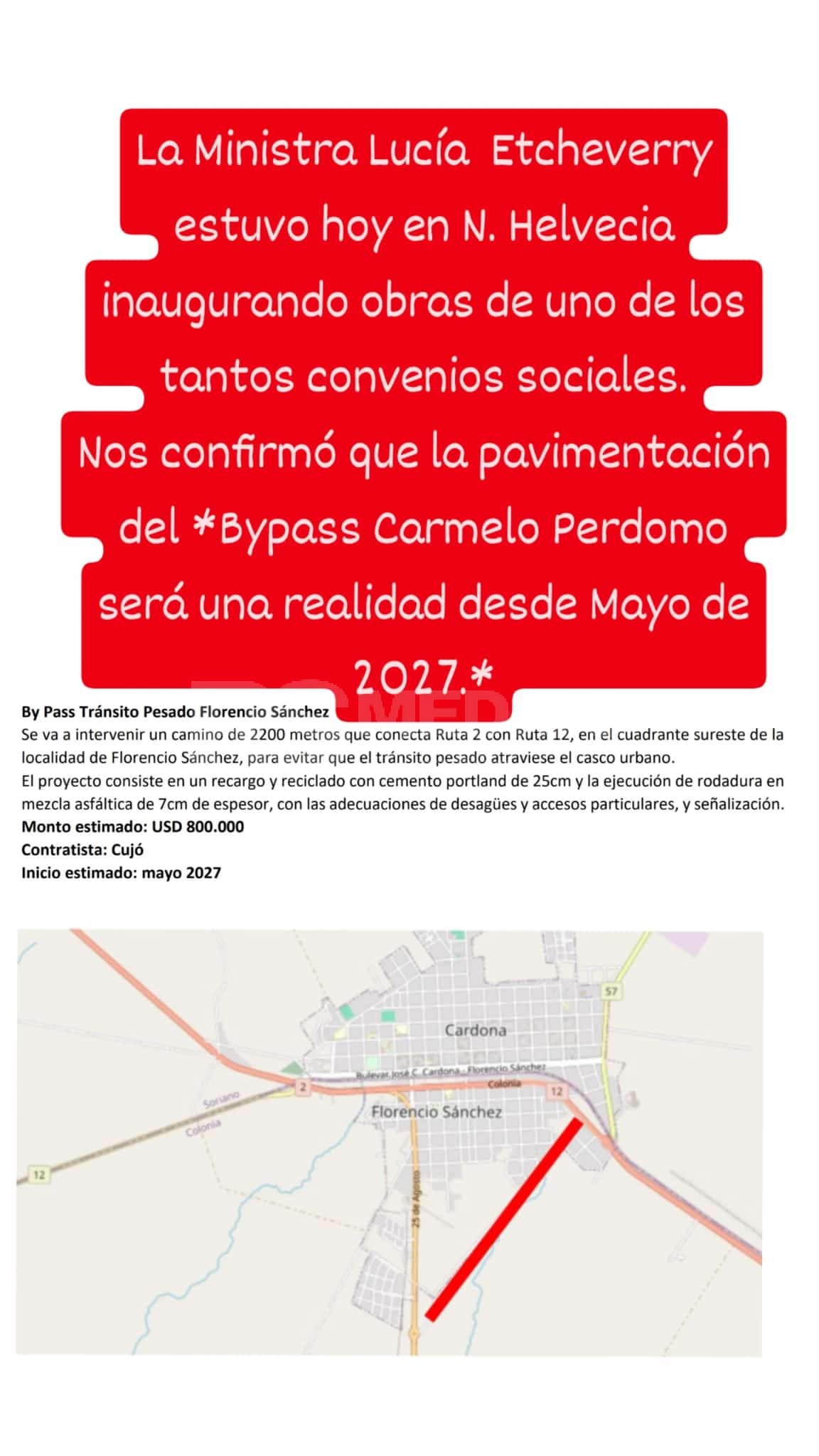 Confirmaron la pavimentación del Camino Carmelo Perdomo para mayo de 2027