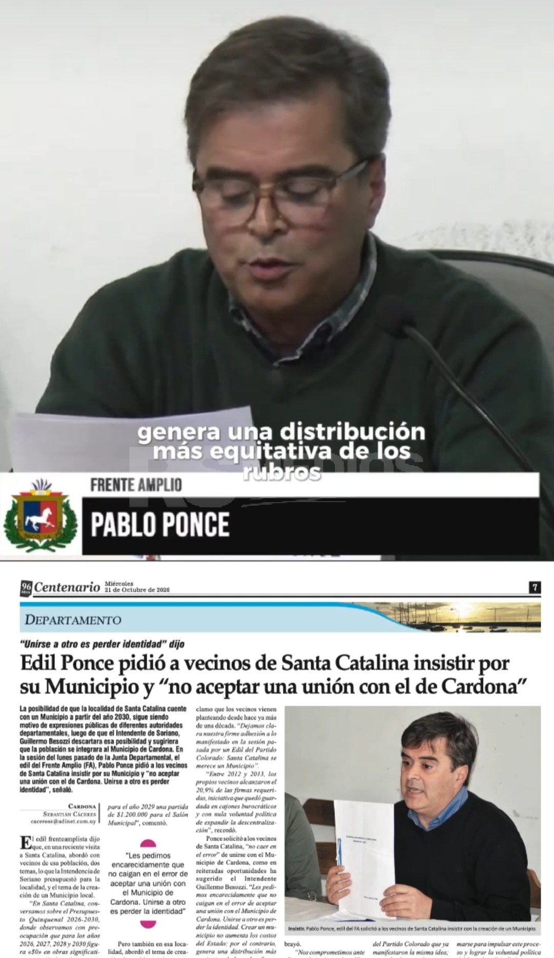 Edil Pablo Ponce, reclamo por la municipalización de Santa Catalina en Soriano.
